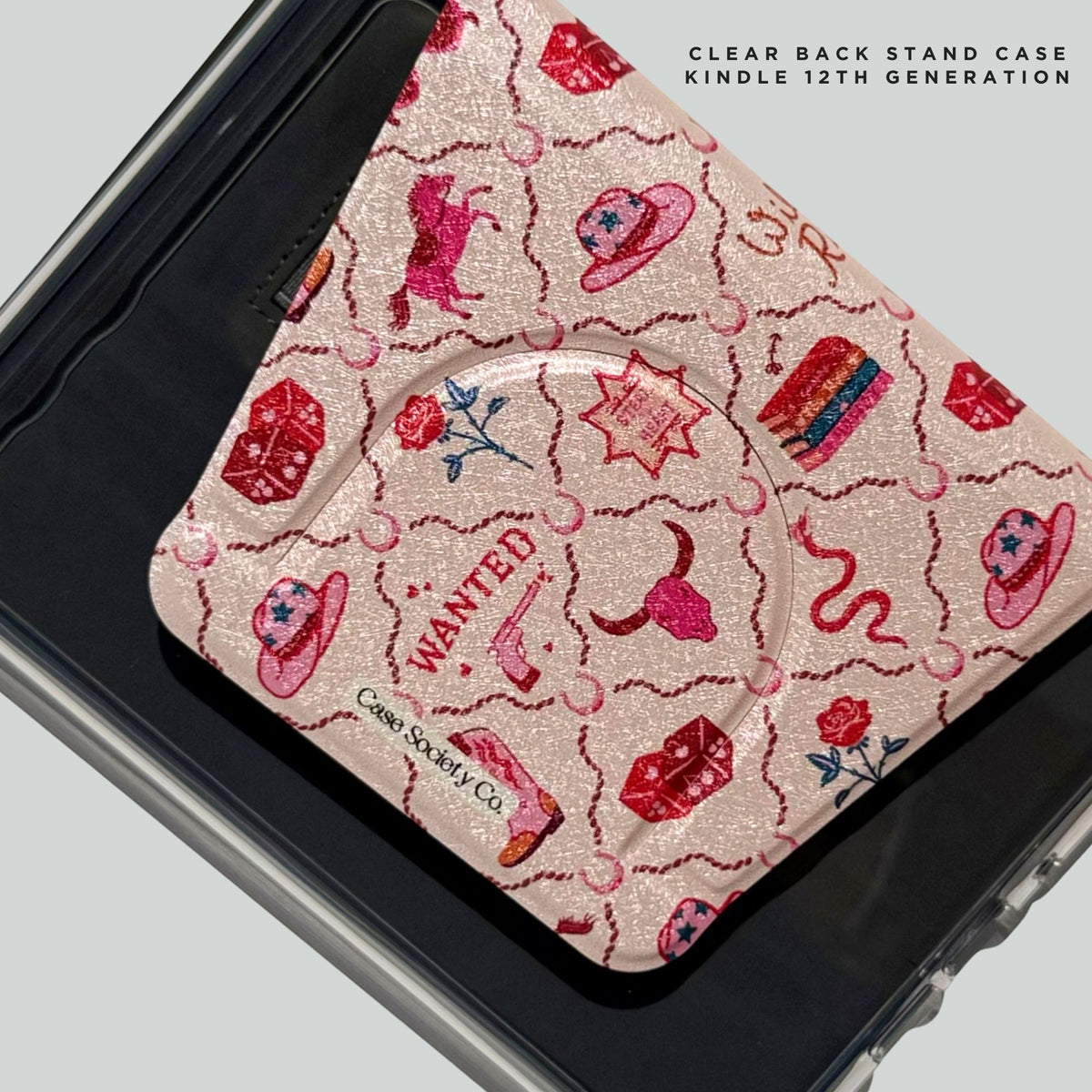 Wild Ride western clear back stand case for Kindle 12th generation, pink cowgirl icons and WANTED sign