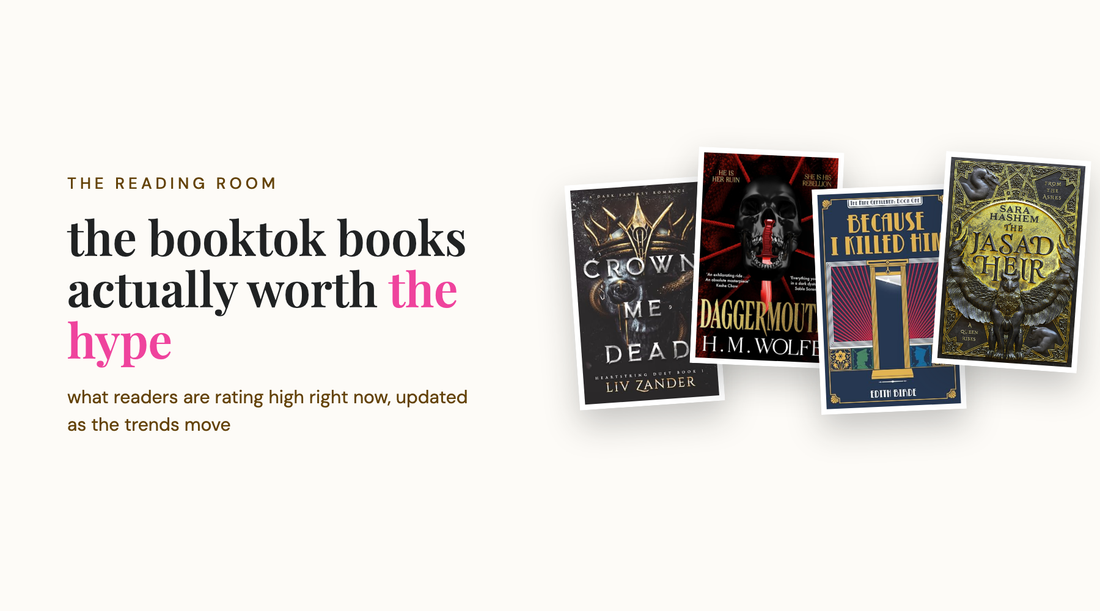 Four trending BookTok book covers including Crown Me Dead, Daggermouth, Because I Killed Him and The Jasad Heir.