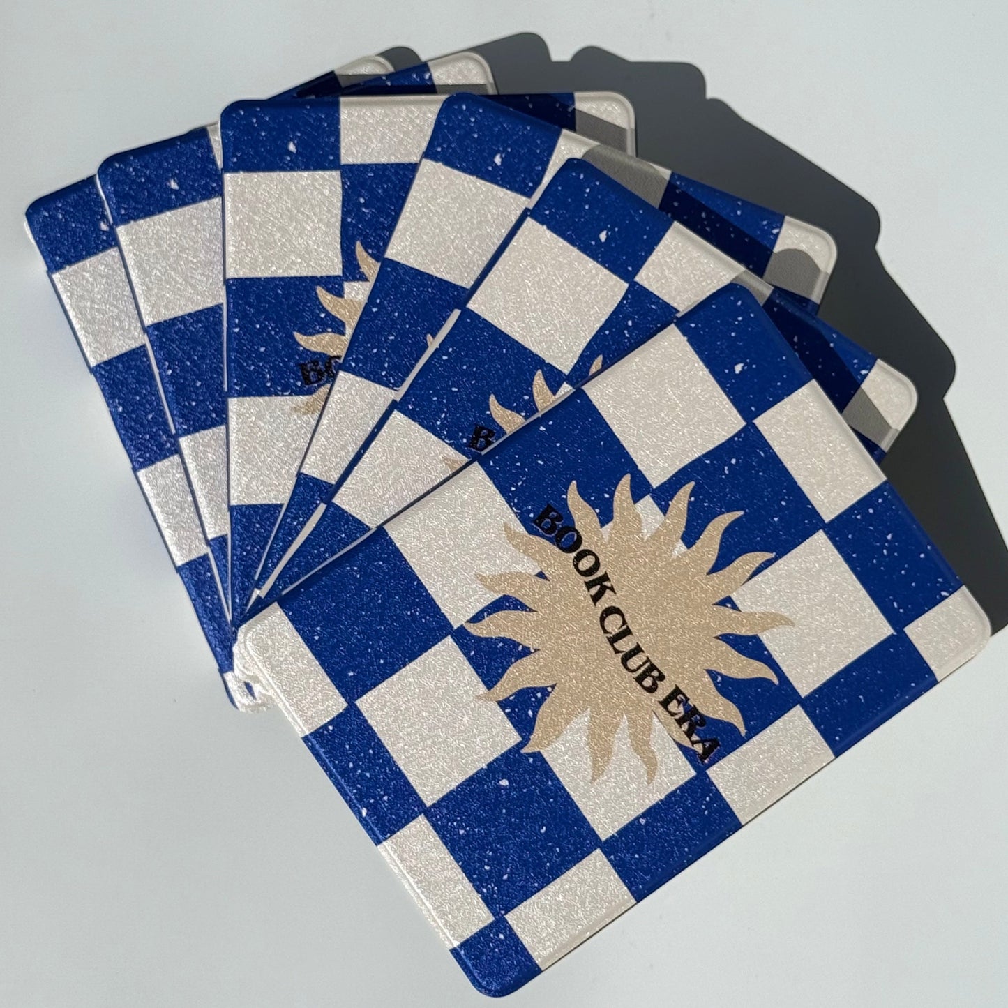 Book Club Era navy checkerboard Kindle cases from above