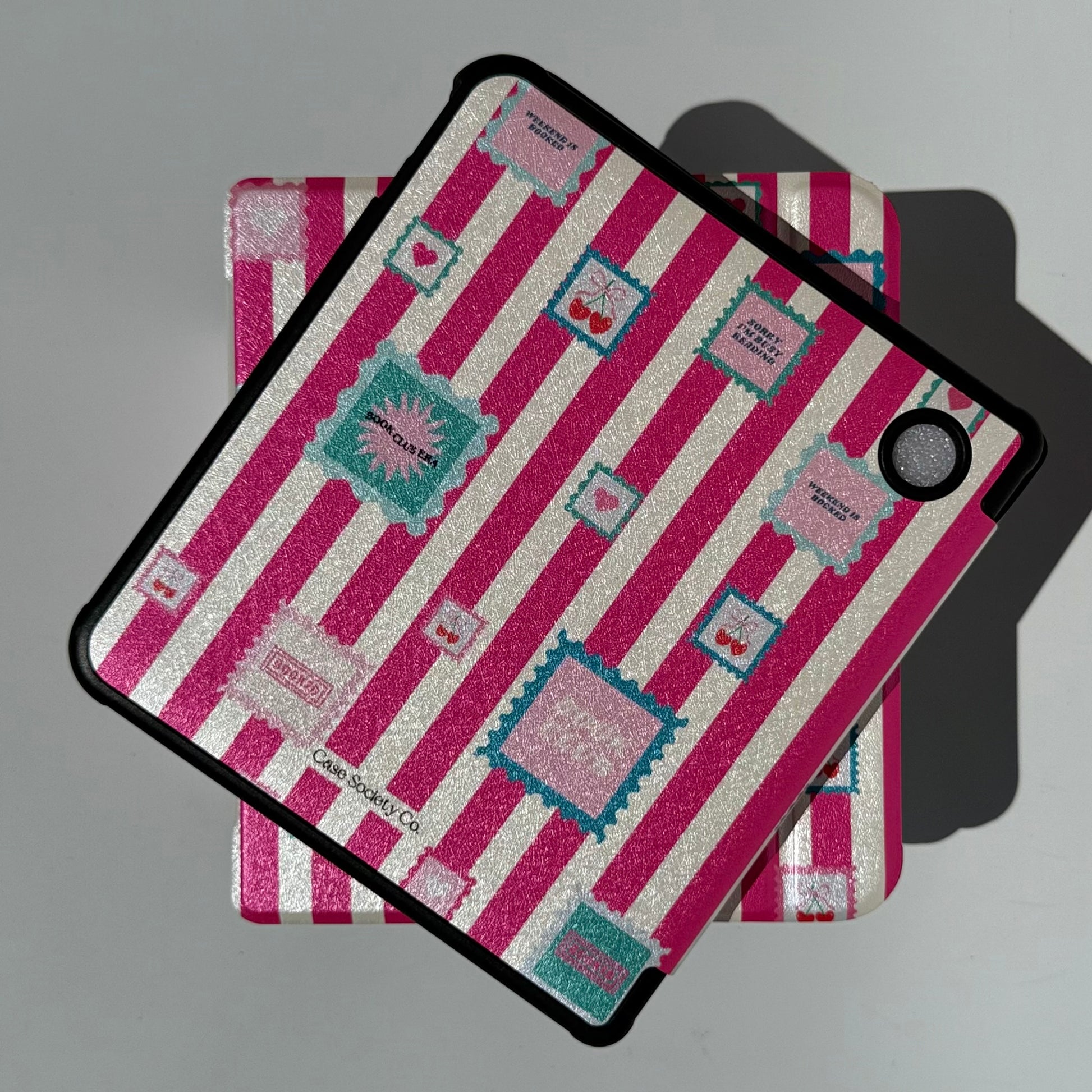 Cute Kobo Case for Libra with pink stripe pattern and bookish stickers