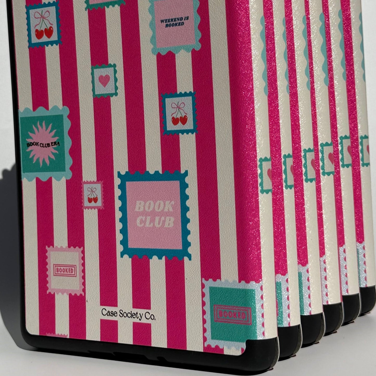 Back of the Booking Hearts pink stripe Kindle case