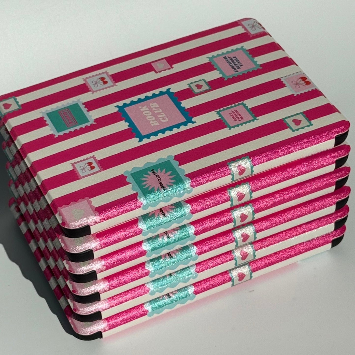 Booking Hearts pink and white stripe Kindle case with postage-stamp print