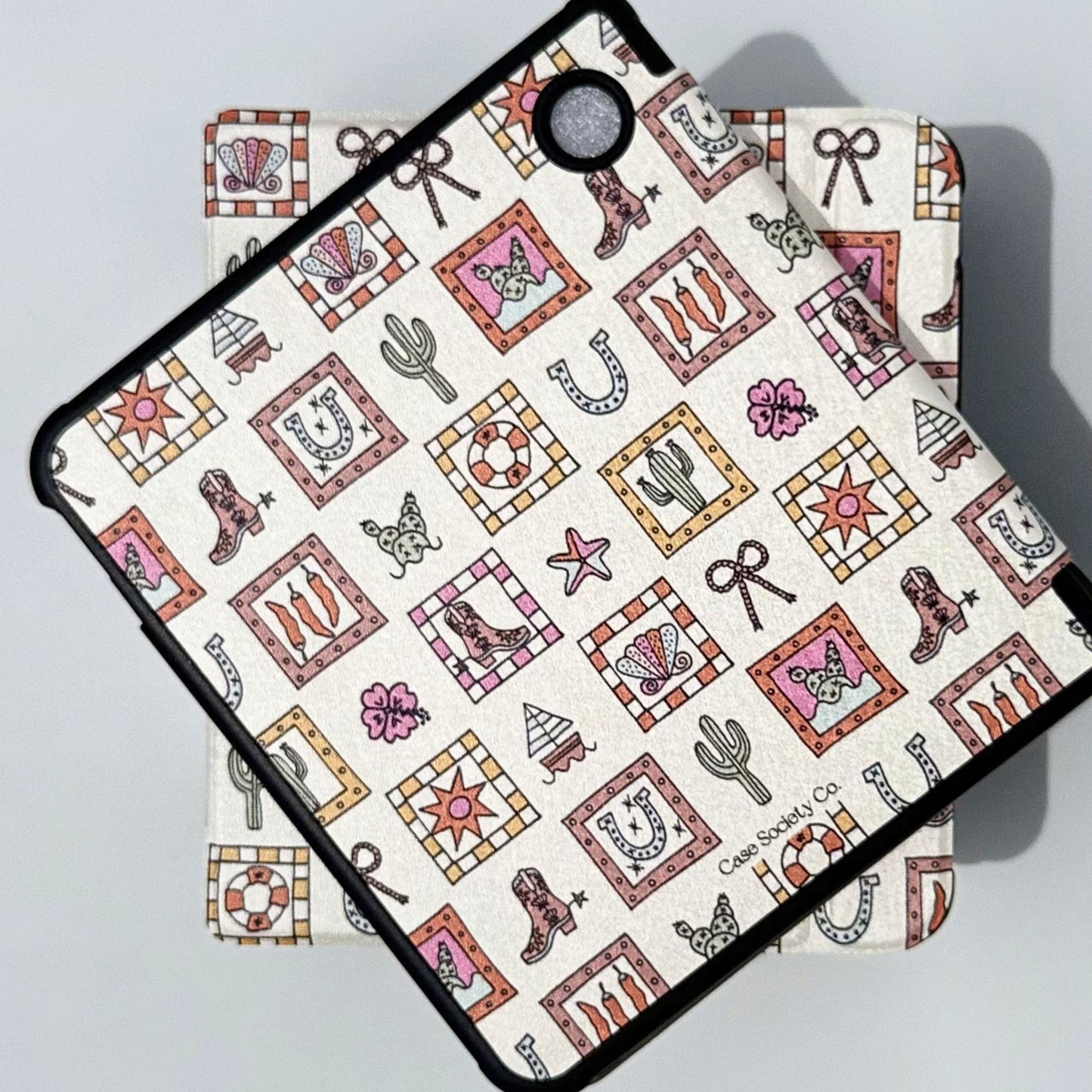 Decorative western themed Kobo Libra reader case cream and pink folio cover