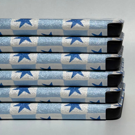 blue and white kindle cases stacked on white background