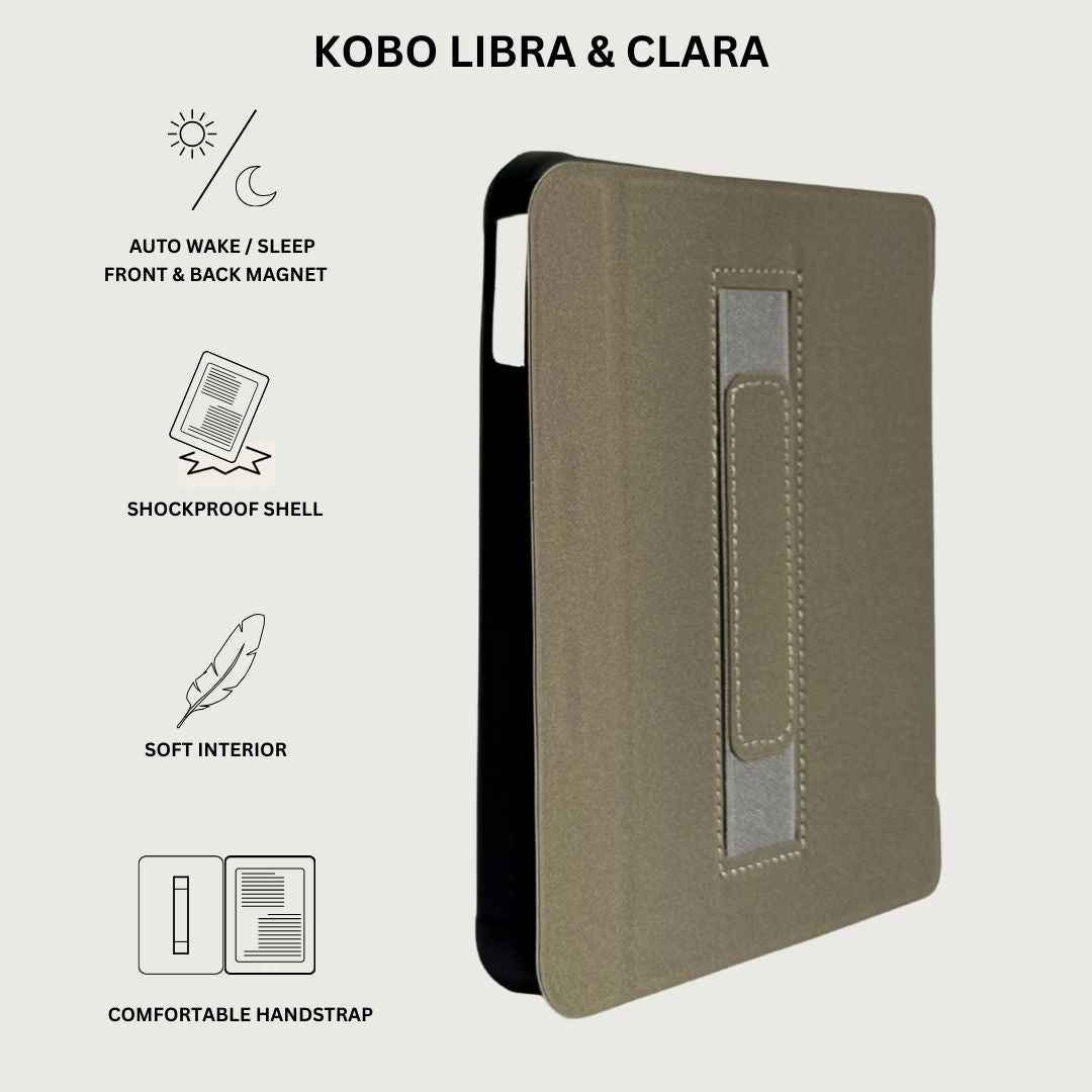 Kobo case features: slim shockproof shell, built-in hand strap and auto sleep and wake magnets