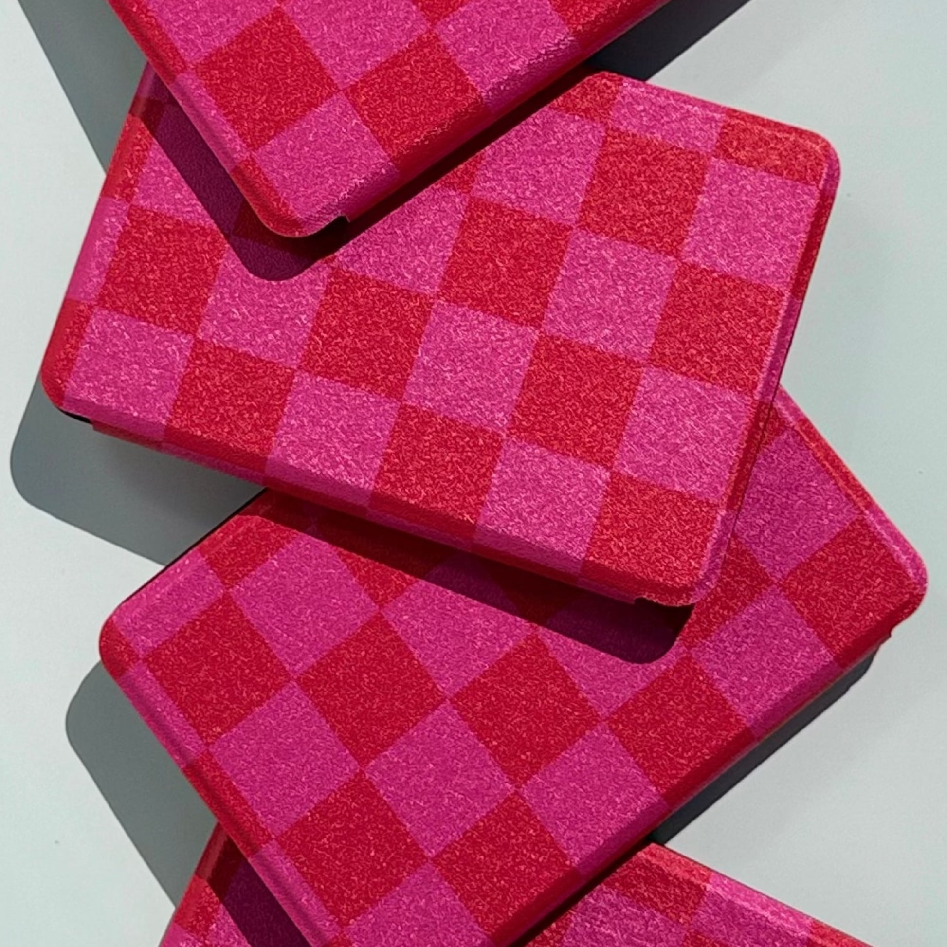 Love's Bouquet Kindle case in pink and red checkered design scattered at angles, Case Society Australia