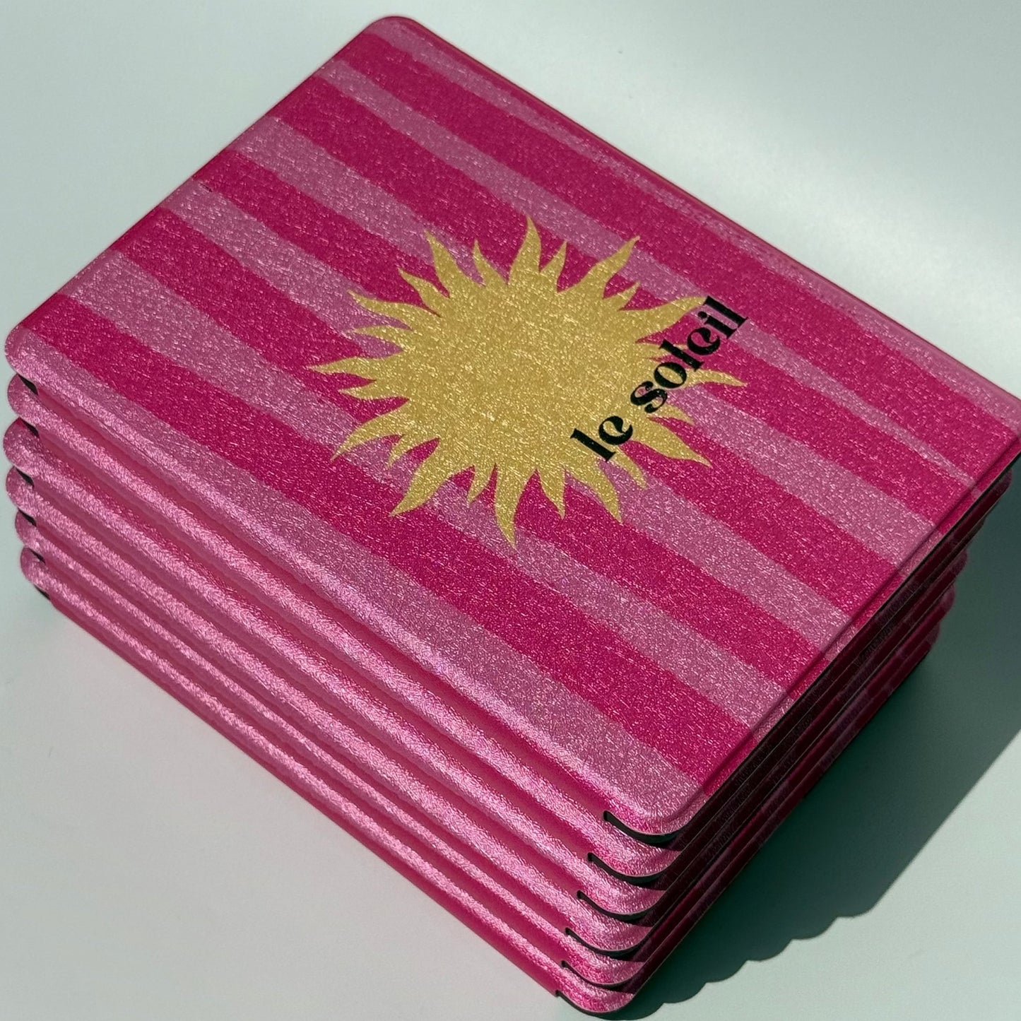 Le Soleil Kindle case, raspberry pink stripes with a golden sun, European summer Kindle cover