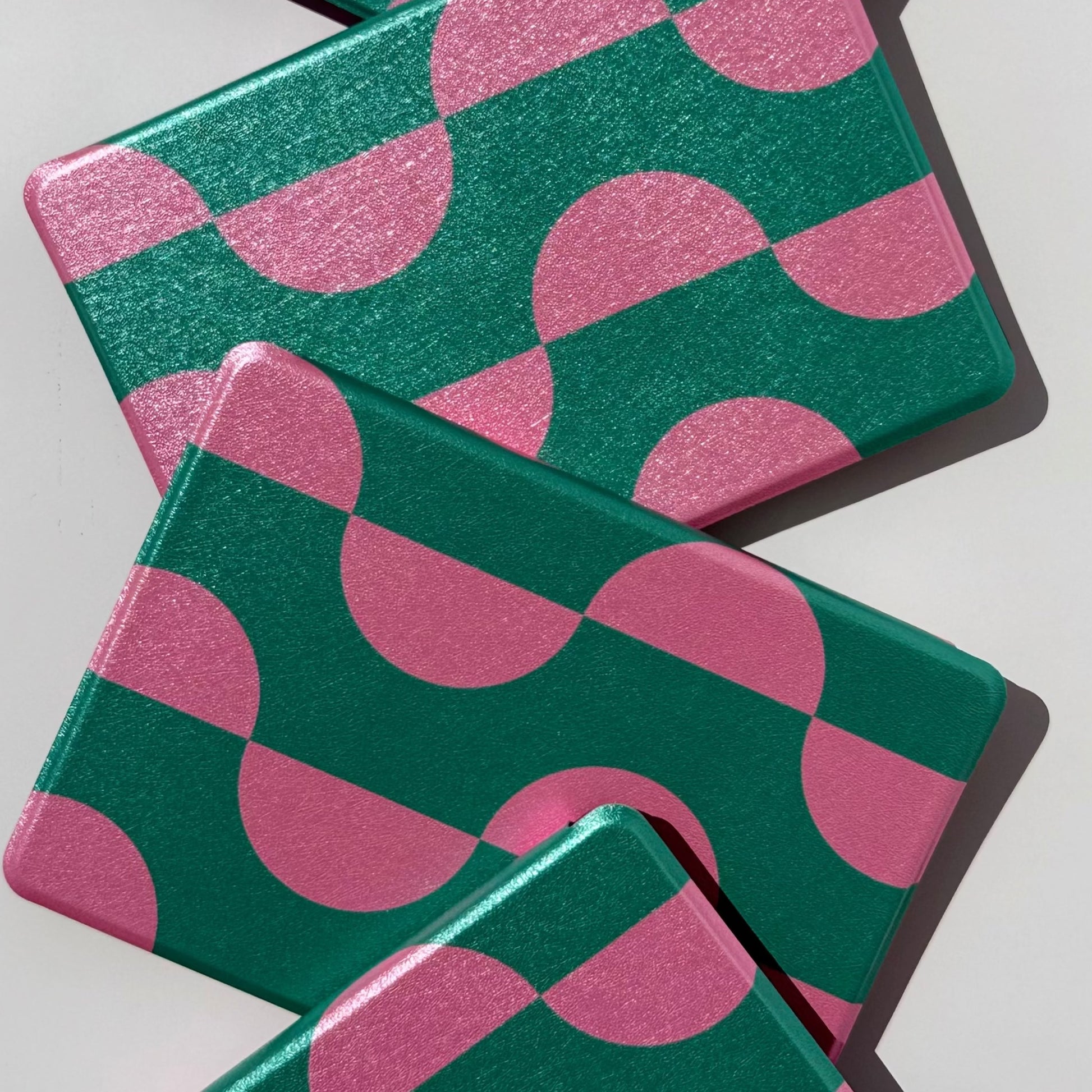 Pink Crescent Kindle case, pink crescent arches on deep green, bold retro geometric Kindle cover