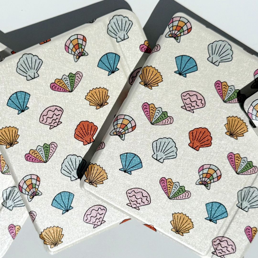 Shell print kobo libra case with pink and blue shellprint on white background