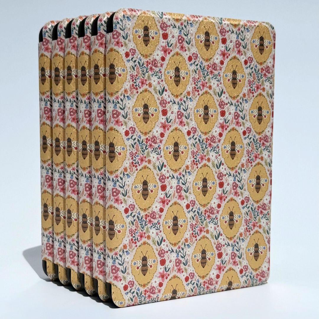  Side view of Beekeeper's Garden Kindle case stack highlighting protective corners and vintage floral wildflower pattern
