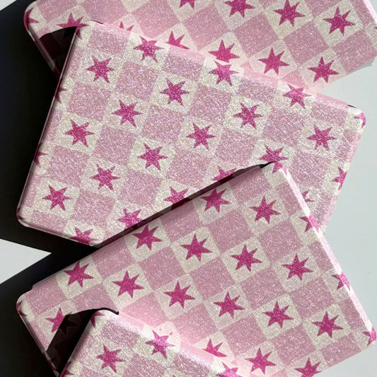 Blush Cosmos Kindle case in pink star checkered design overlapping at angles — Case Society Australia