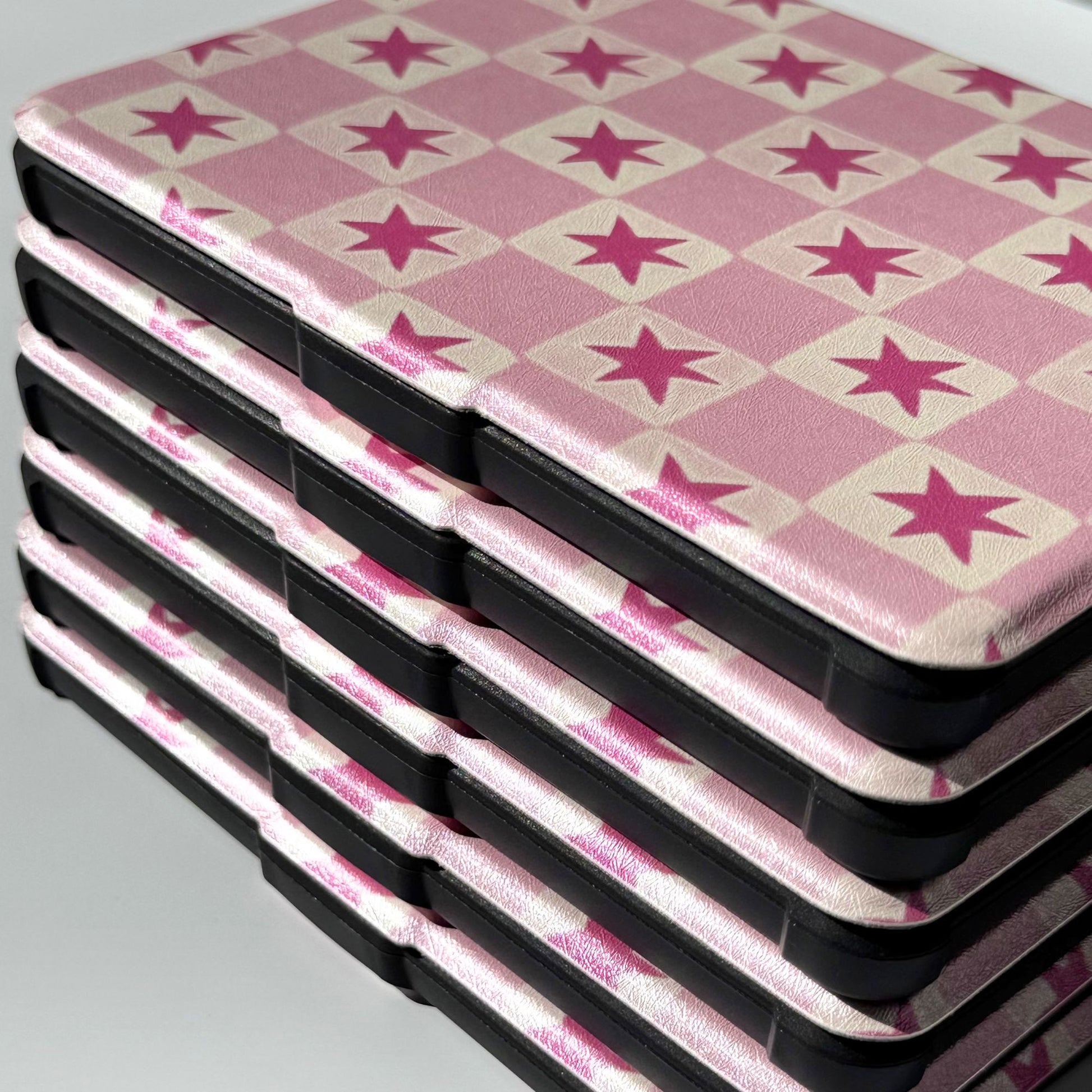 Close-up of the pink star check on a Blush Cosmos Kobo Clara case, Case Society Co