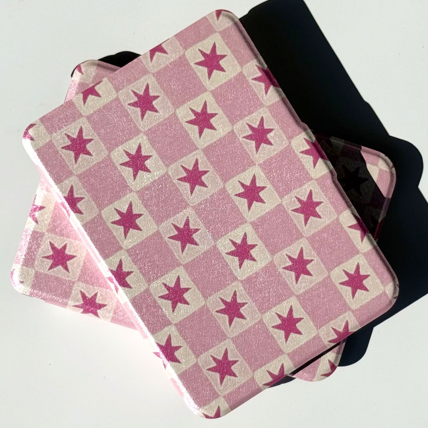 Pink star check Kobo Clara case in the Blush Cosmos design, front view