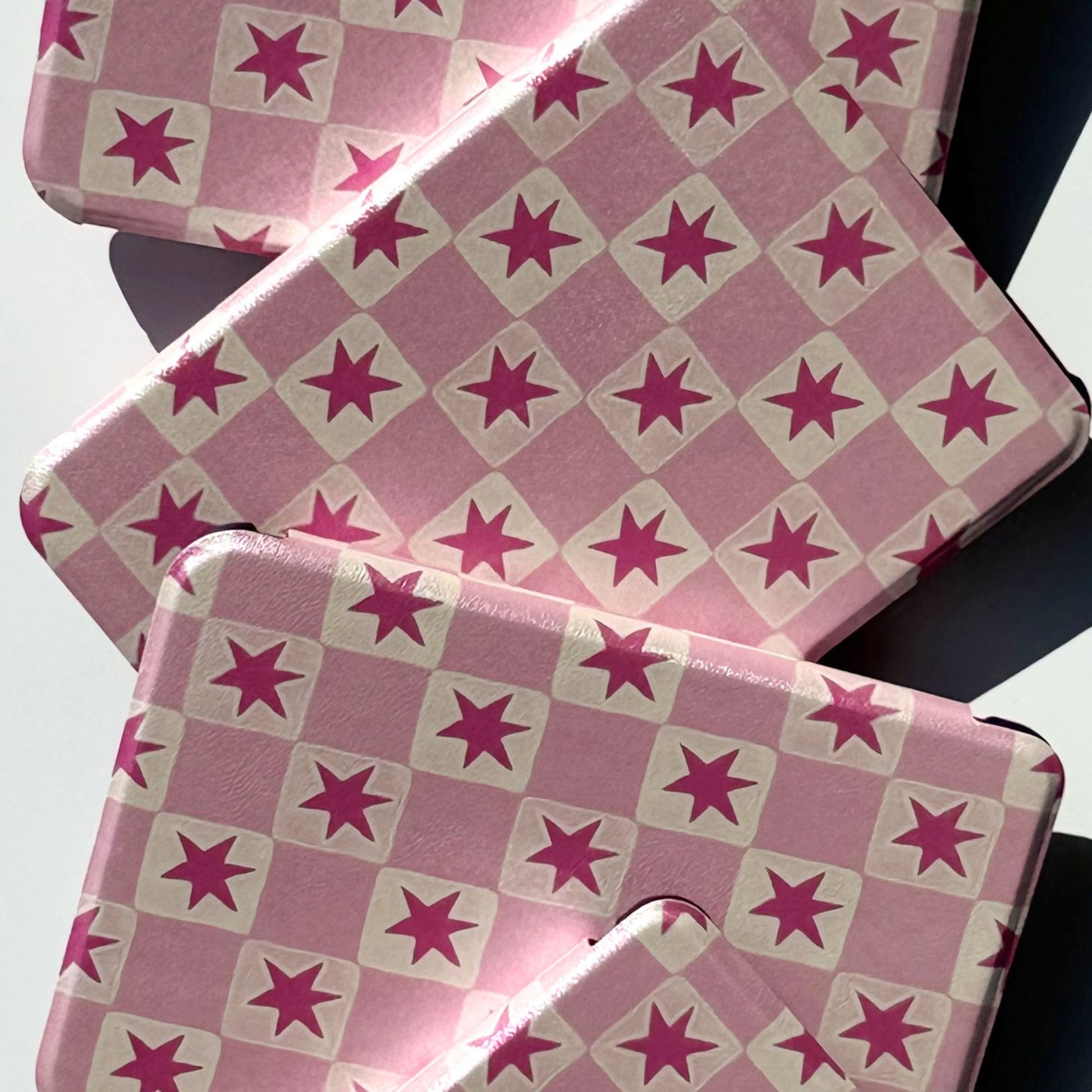 Blush Cosmos Kobo Clara case, hot-pink stars on a blush check, Case Society Co