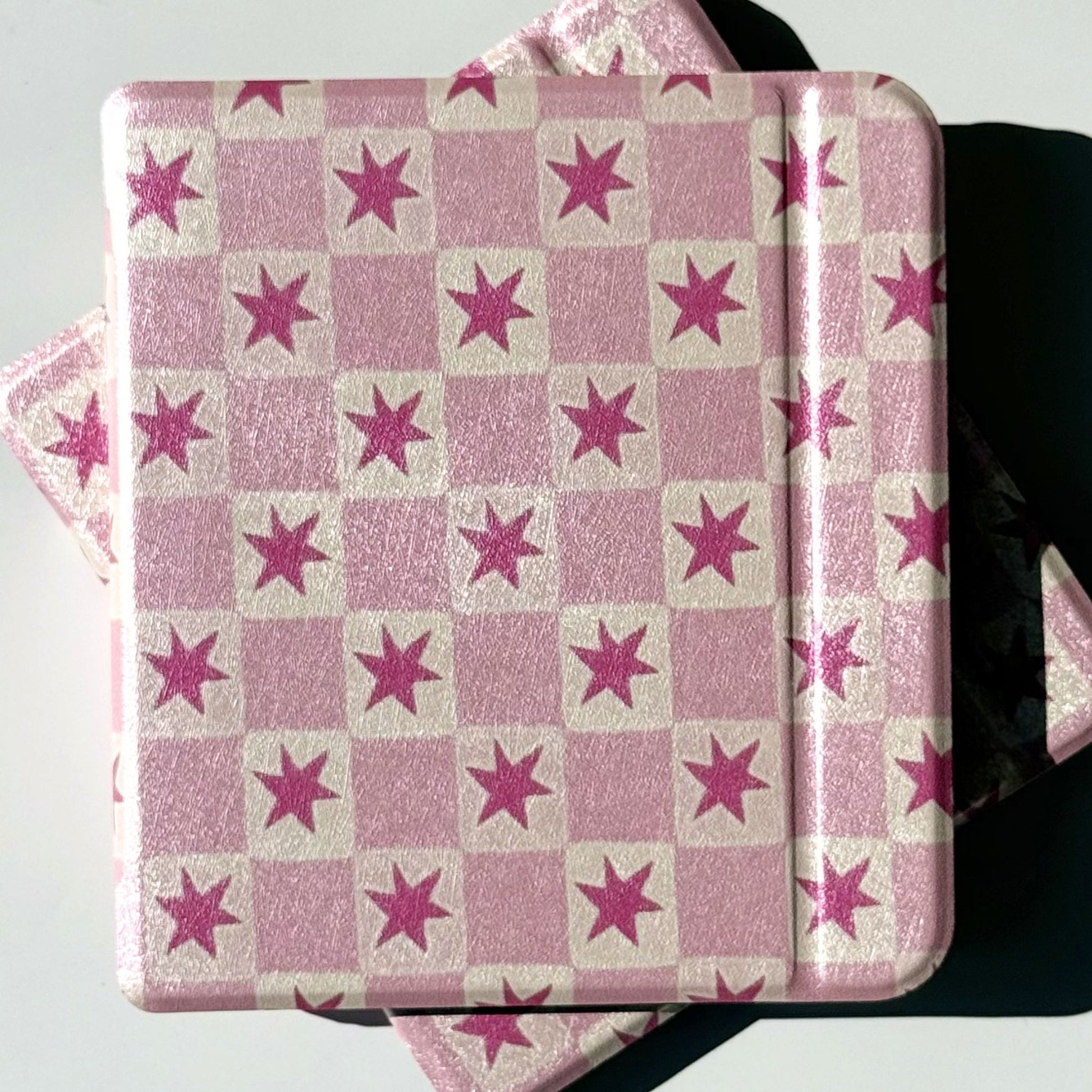 Pink star check Kobo Libra case in the Blush Cosmos design, front view