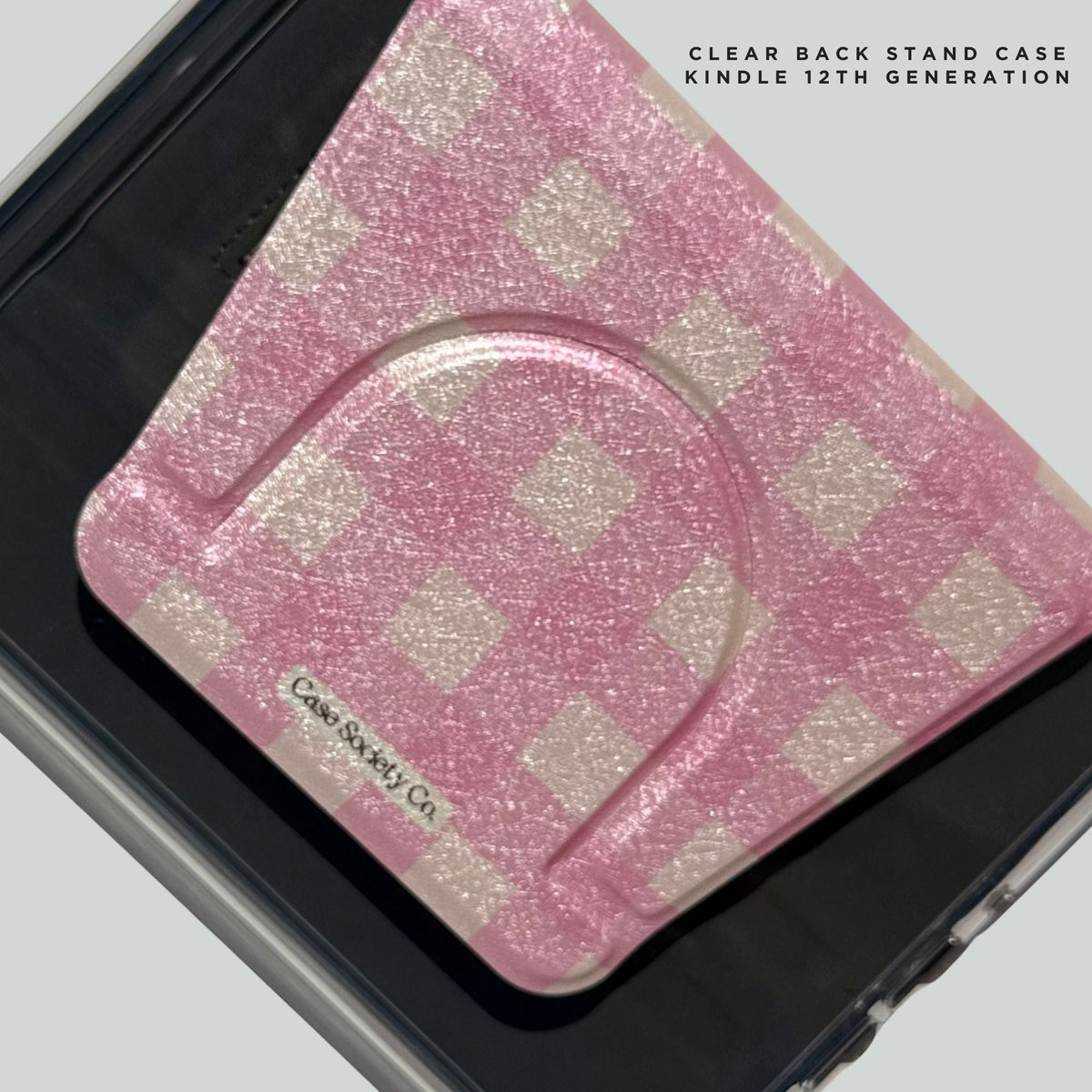 Blush Lover check design showing through the clear back stand case for Kindle Paperwhite 12th Gen, Case Society