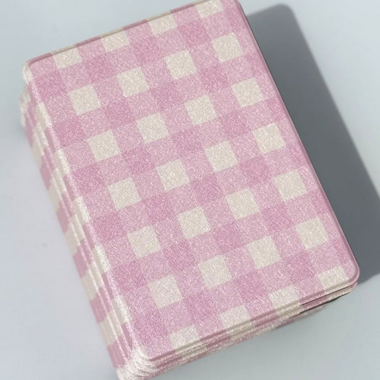 Pink gingham Blush Lover Kindle cases overlapping showing soft coquette pattern detail
