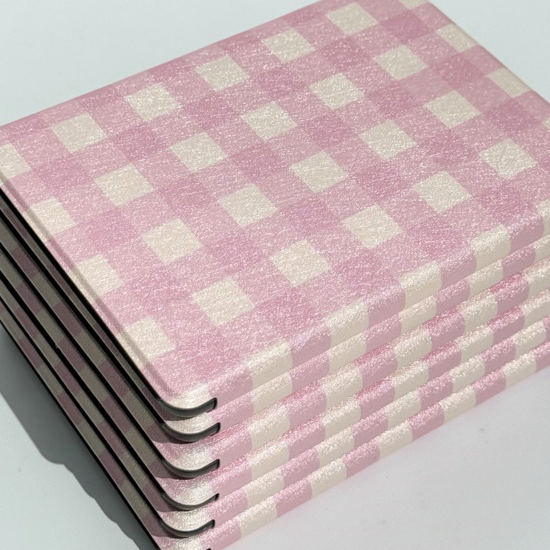 Front view of Blush Lover Kindle case showing pink and white gingham checker pattern — coquette aesthetic