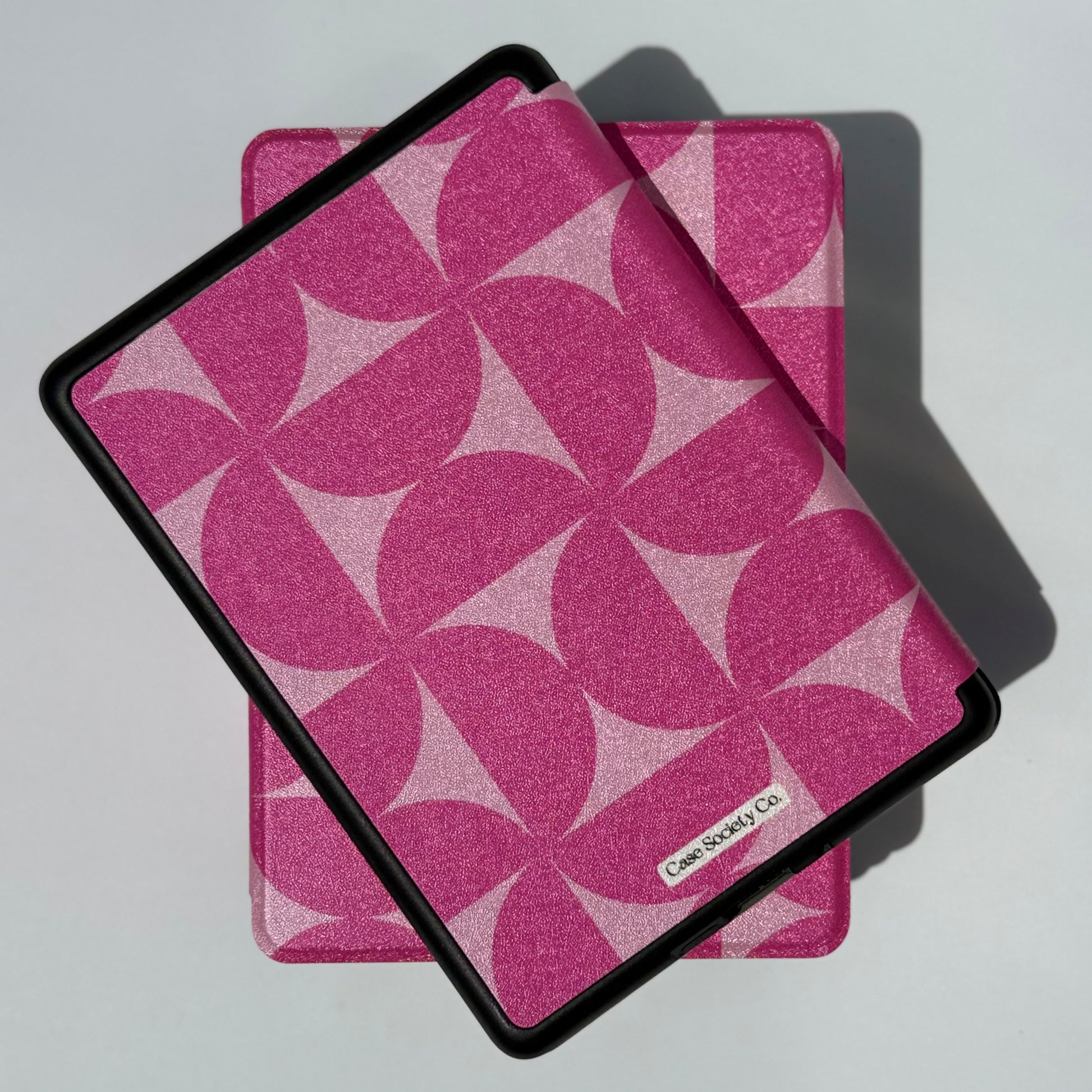 Blushing Moon Kindle Case - back view of pink geometric printed kindle case