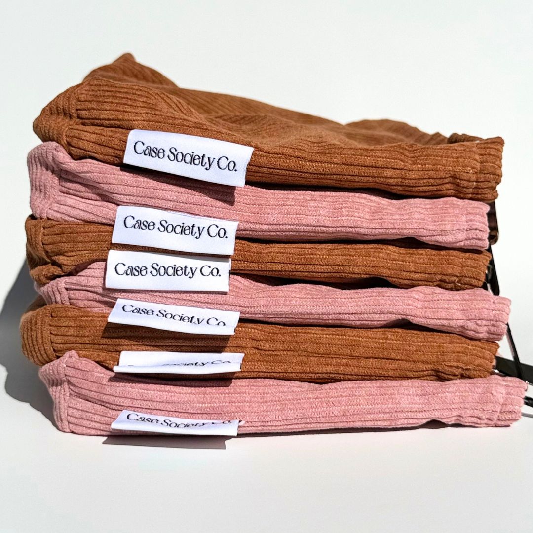 Folded Book Club pouches alternating in mocha and blush pink corduroy