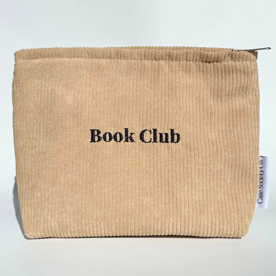 Book Club pouches in blush pink, honey and mocha corduroy layered together