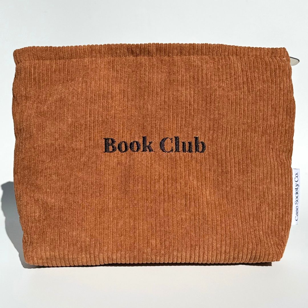 Mocha corduroy Book Club pouch with zip top, a rust brown kindle and kobo pouch from Case Society Co