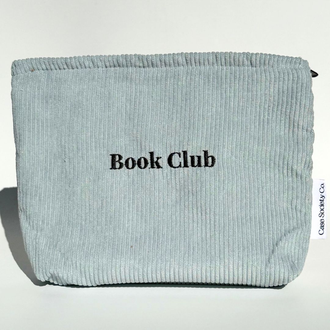 Book Club pouch in powder blue corduroy with zip top, a kindle and kobo pouch from Case Society Co