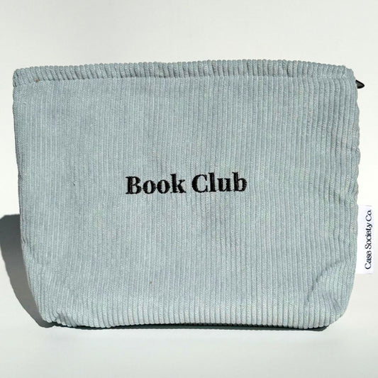 Book Club pouch in powder blue corduroy with zip top, a kindle and kobo pouch from Case Society Co