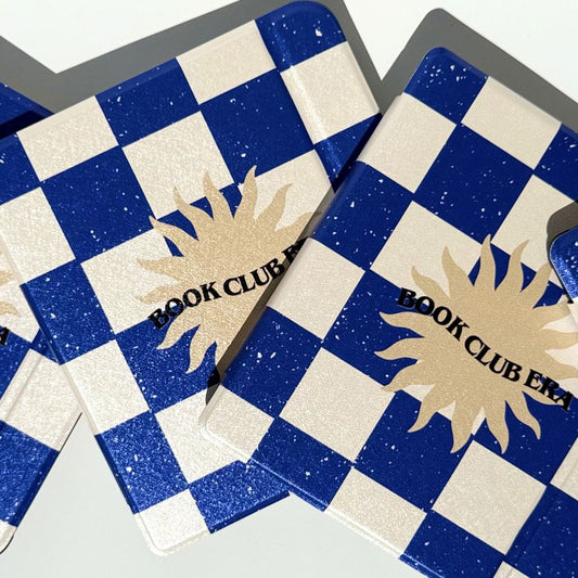 Blue and white check kobo libra case with gold book club detailing