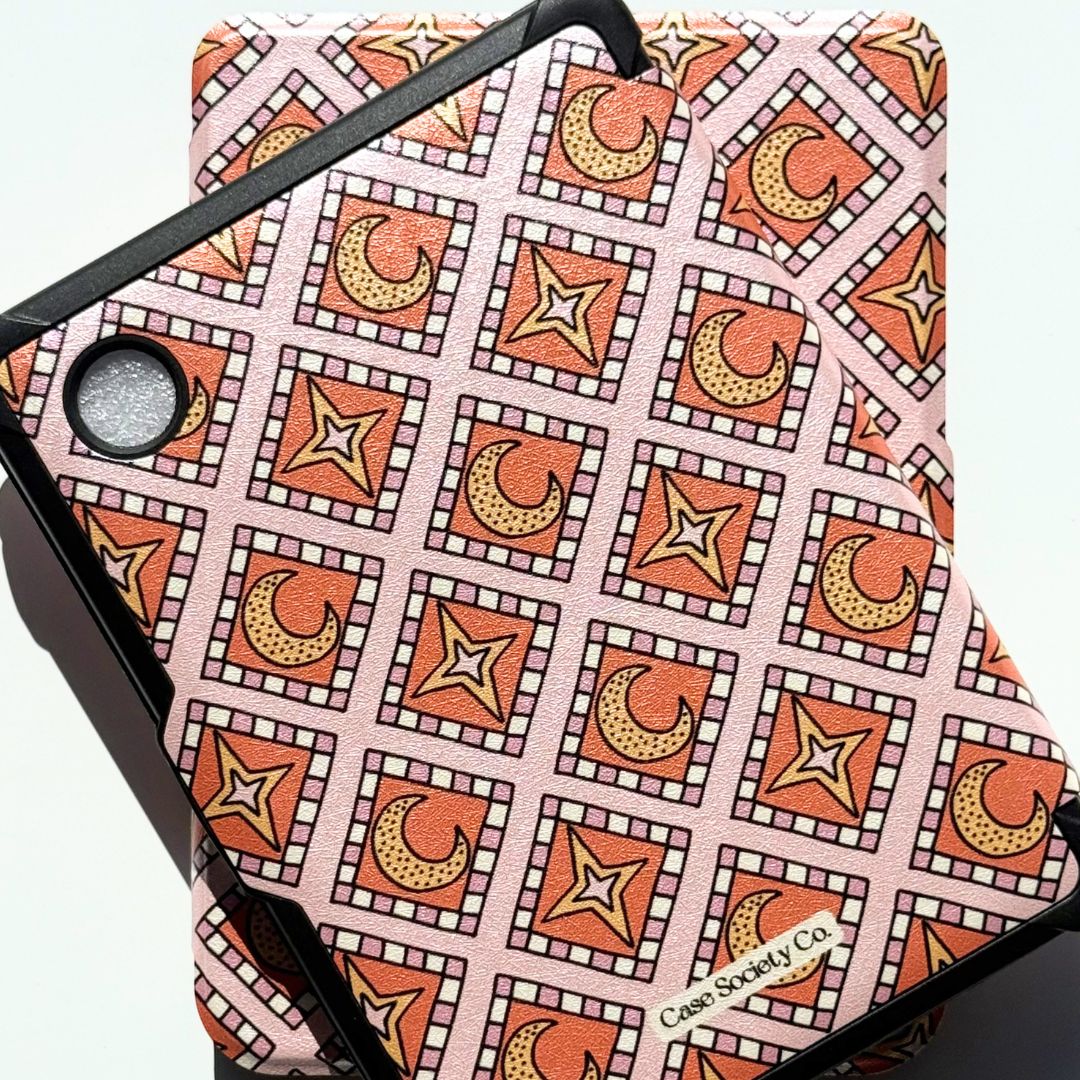  Close-up of stacked Celestia Kobo case back image showing the shimmering celestial star print — aesthetic Kobo case AU