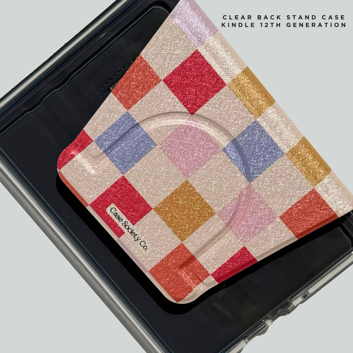 Chapter Checks multicolour checkerboard clear back stand case for Kindle 12th generation, Case Society Co