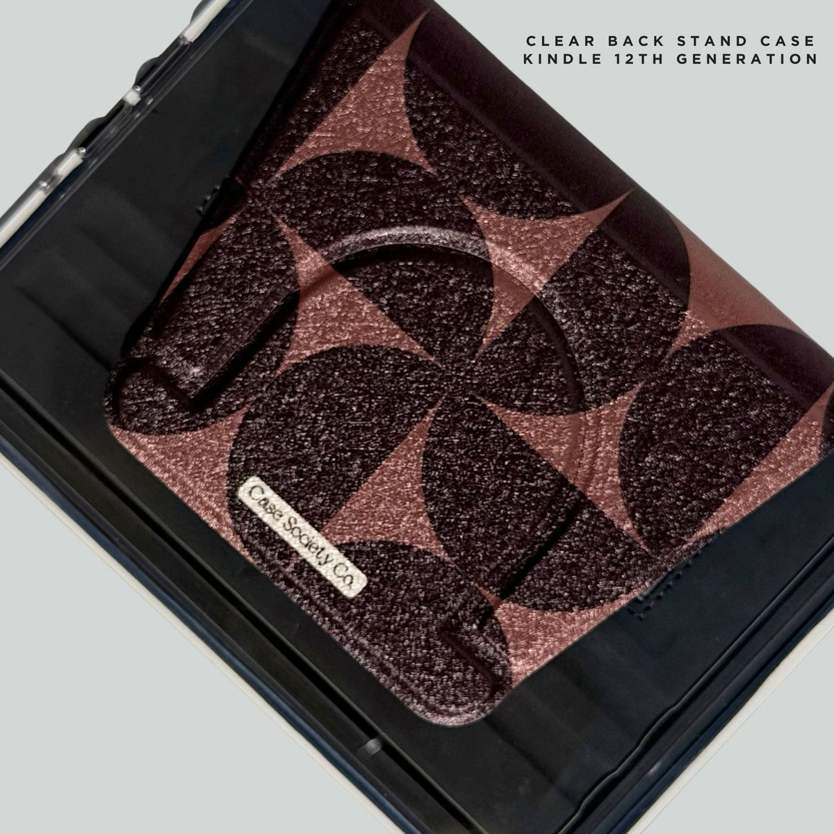 Choc Chip retro geometric clear back stand case for Kindle 12th generation in brown and mauve