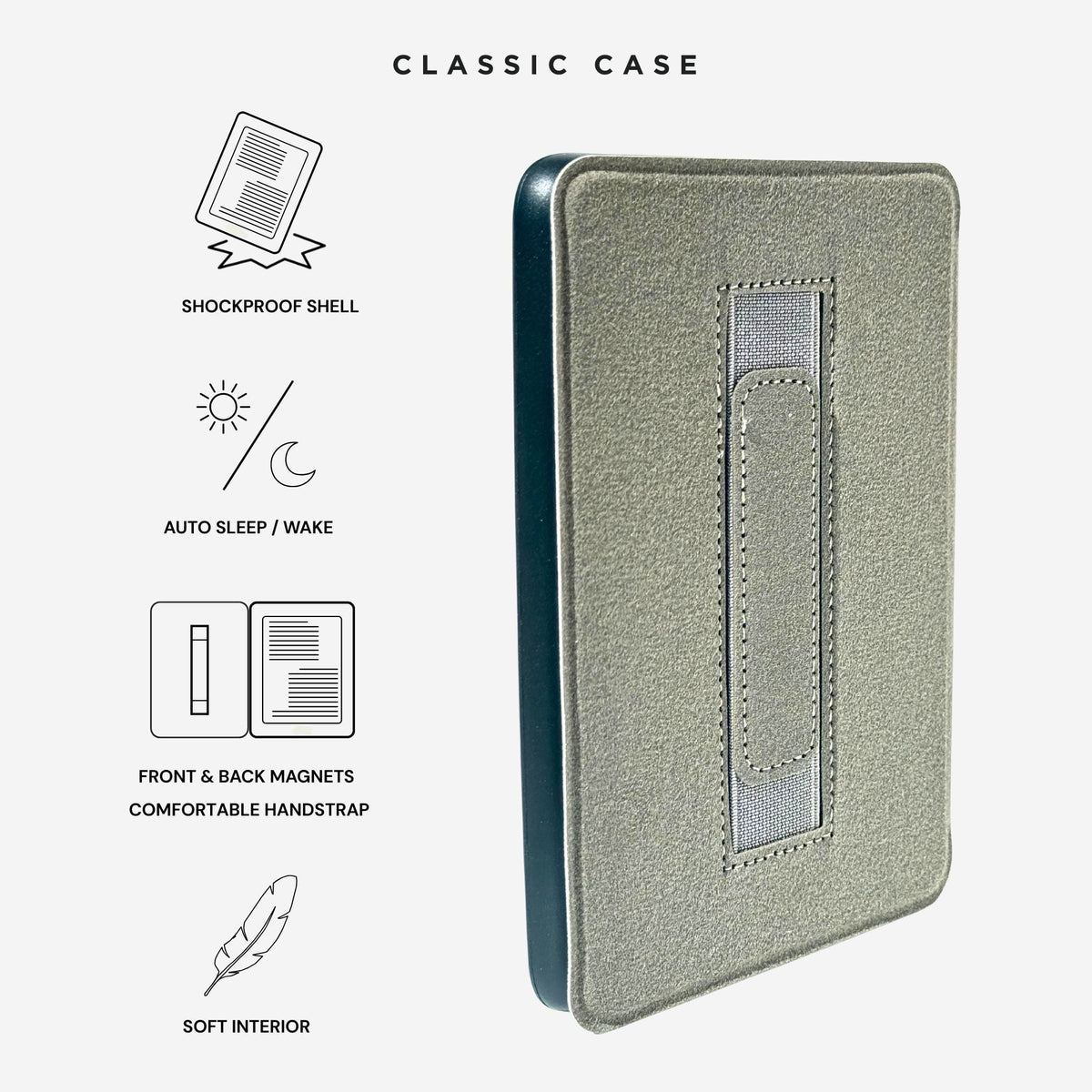 Case Society classic Kindle case features: shockproof shell, auto sleep/wake, front and back magnets, comfortable hand strap, soft interior