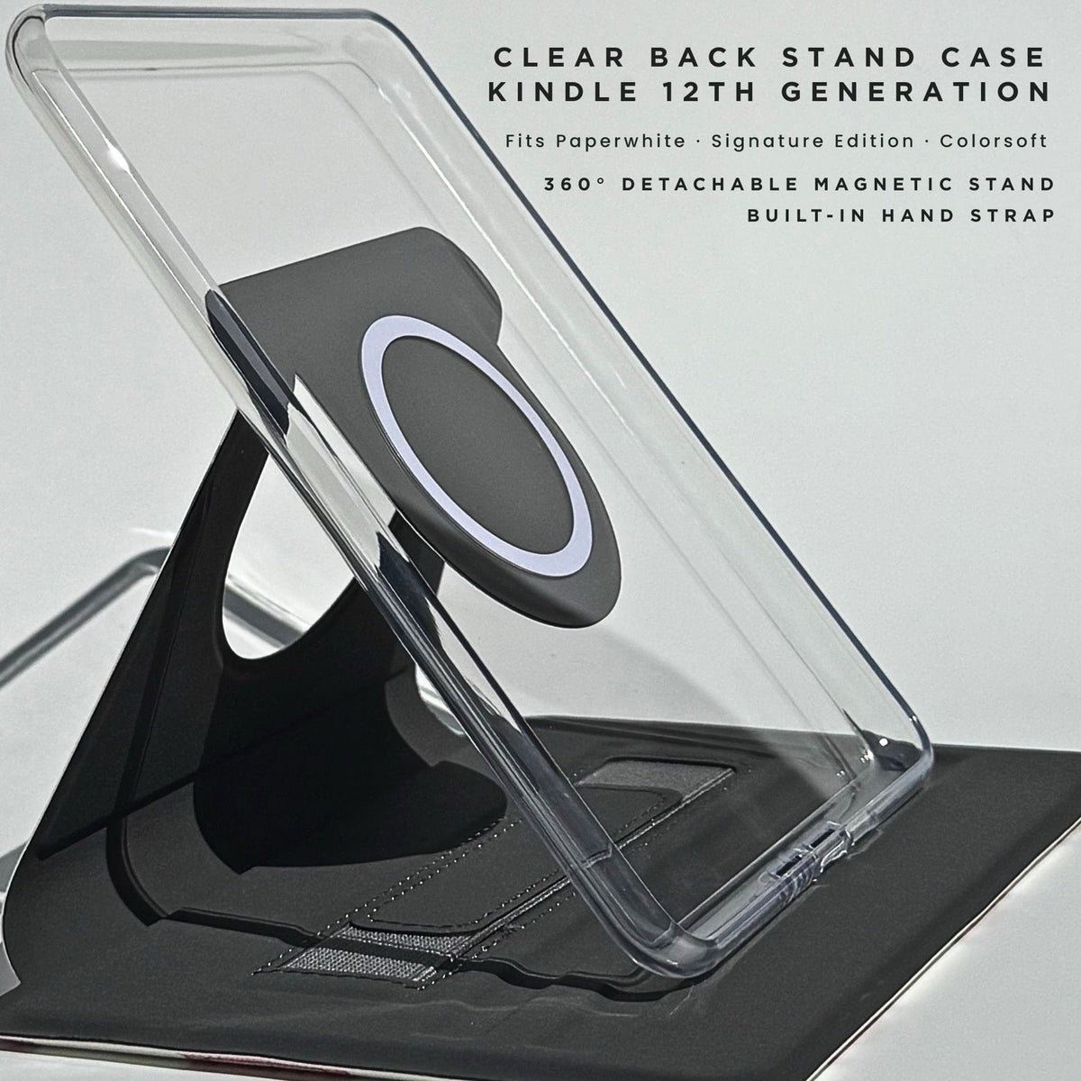 Clear Back Stand Case for Kindle 12th Gen on its 360 detachable magnetic stand, available in Choc Chip