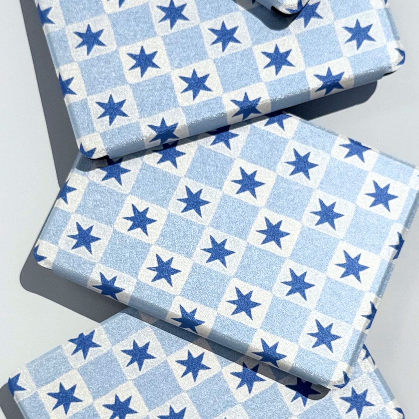 Blue star check Kobo Clara case in the Falling Stars design, front view