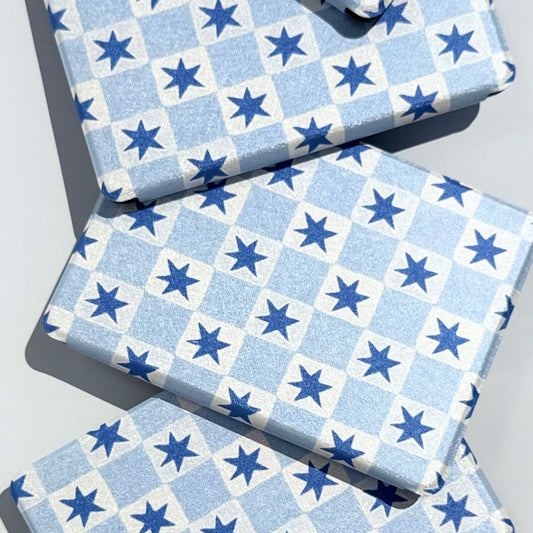 Blue star check Kobo Clara case in the Falling Stars design, front view