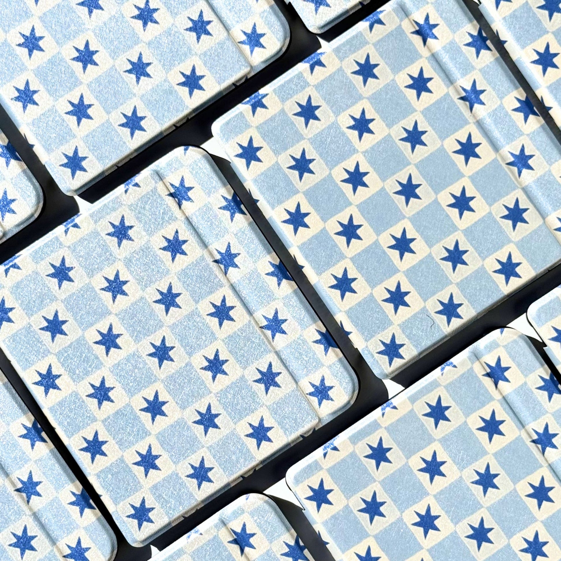 Blue star check Kobo Libra case in the Falling Stars design, front view