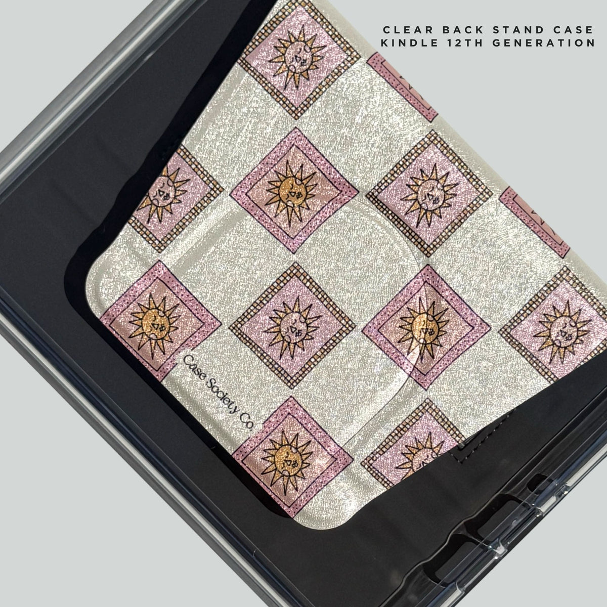 Golden Hour sun tile clear back stand case for Kindle 12th generation in cream and pink