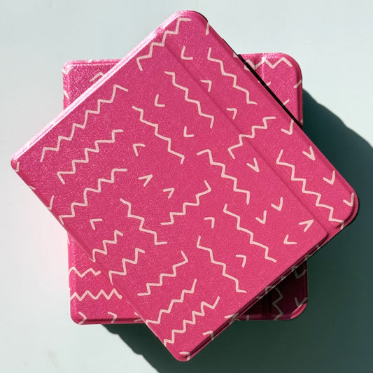 Literary Lines Kobo Libra case in hot pink with white squiggle line pattern, top angle of stacked cases - Case Society Co. Australia
