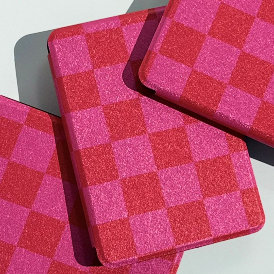 Front view of pink and red checkered Love's Bouquet Kindle cases — premium aesthetic Australian Kindle case