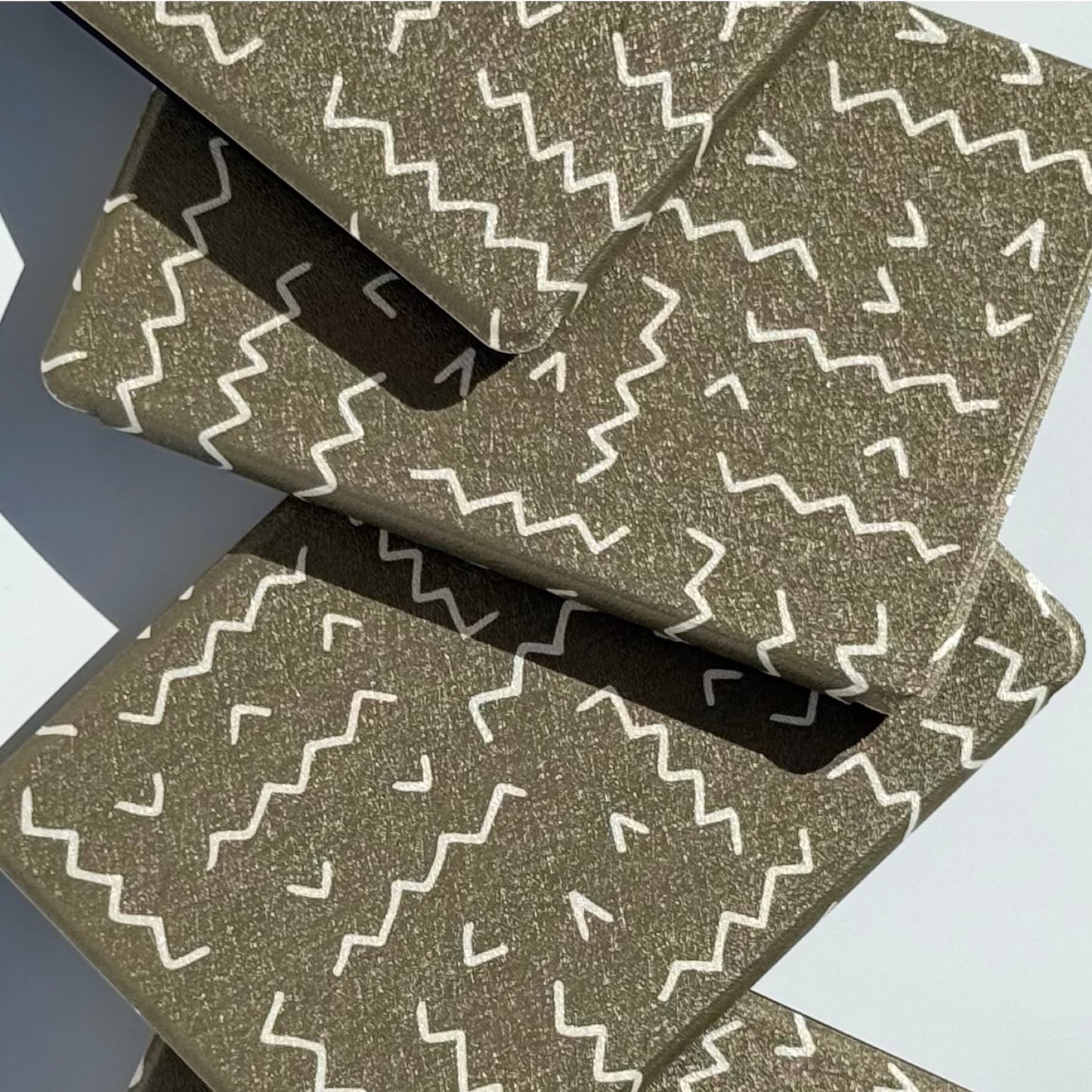 Off Script Kindle case, olive green with a cream zigzag stitch, minimal neutral Kindle cover