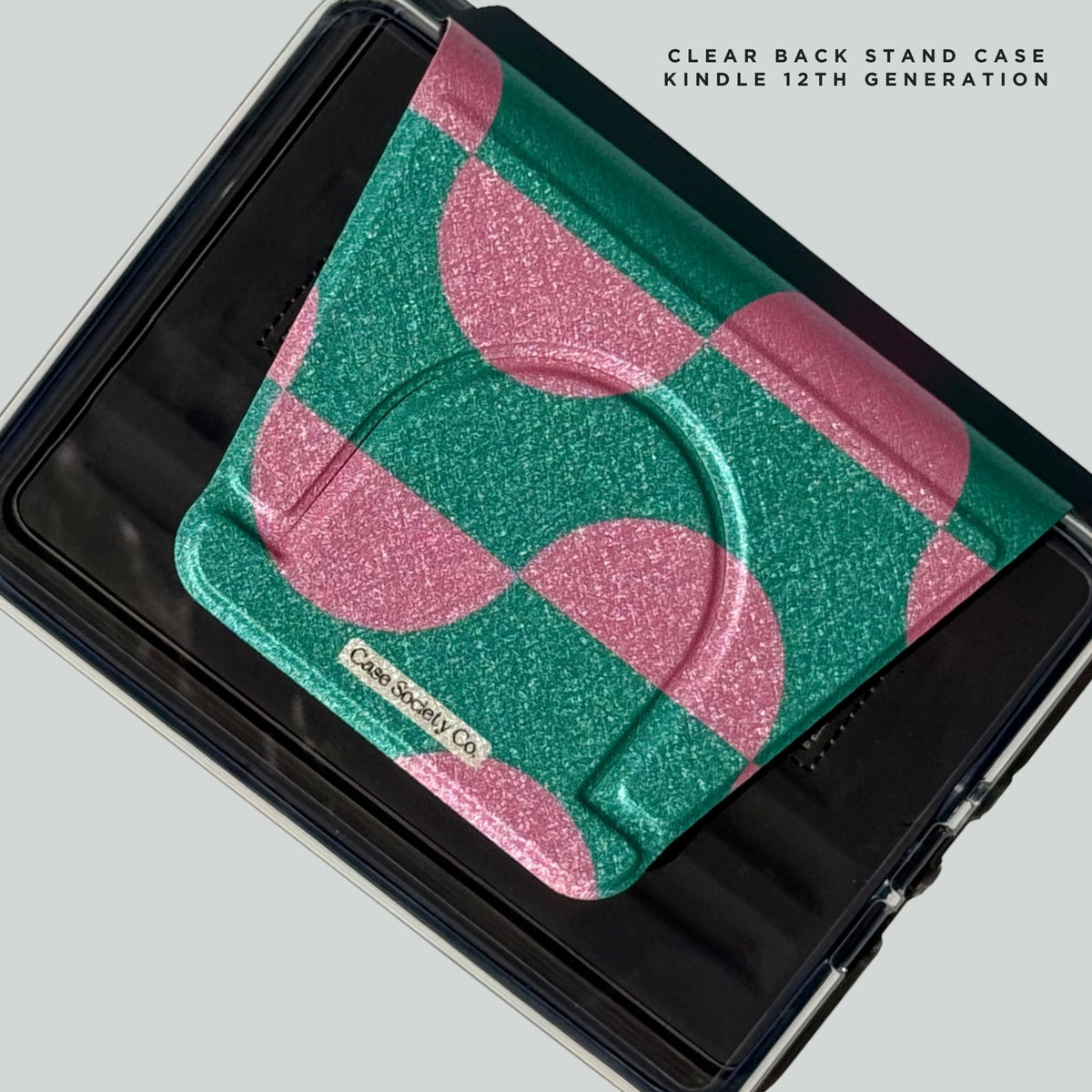 Pink Crescent design showing through the clear back stand case for Kindle Paperwhite 12th Gen, Case Society
