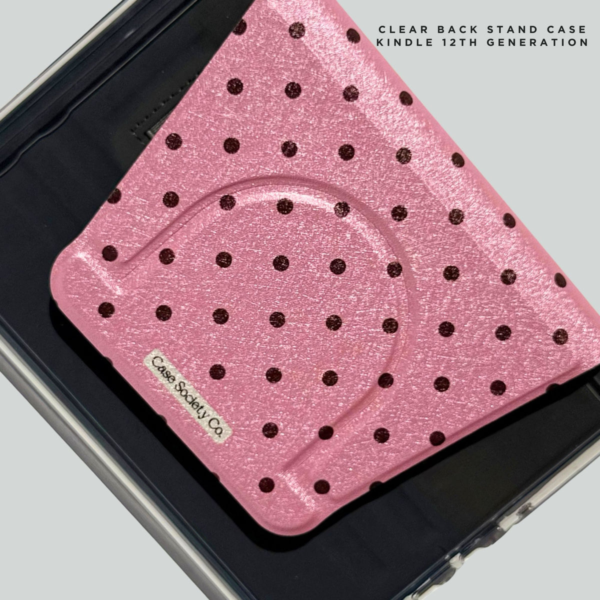 Pink Reverie polka dot clear back stand case for Kindle 12th generation, blush pink, Case Society Co
