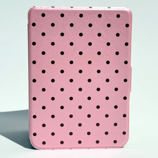 Pink Reverie Kobo Clara case standing upright, blush pink polka dot cover
