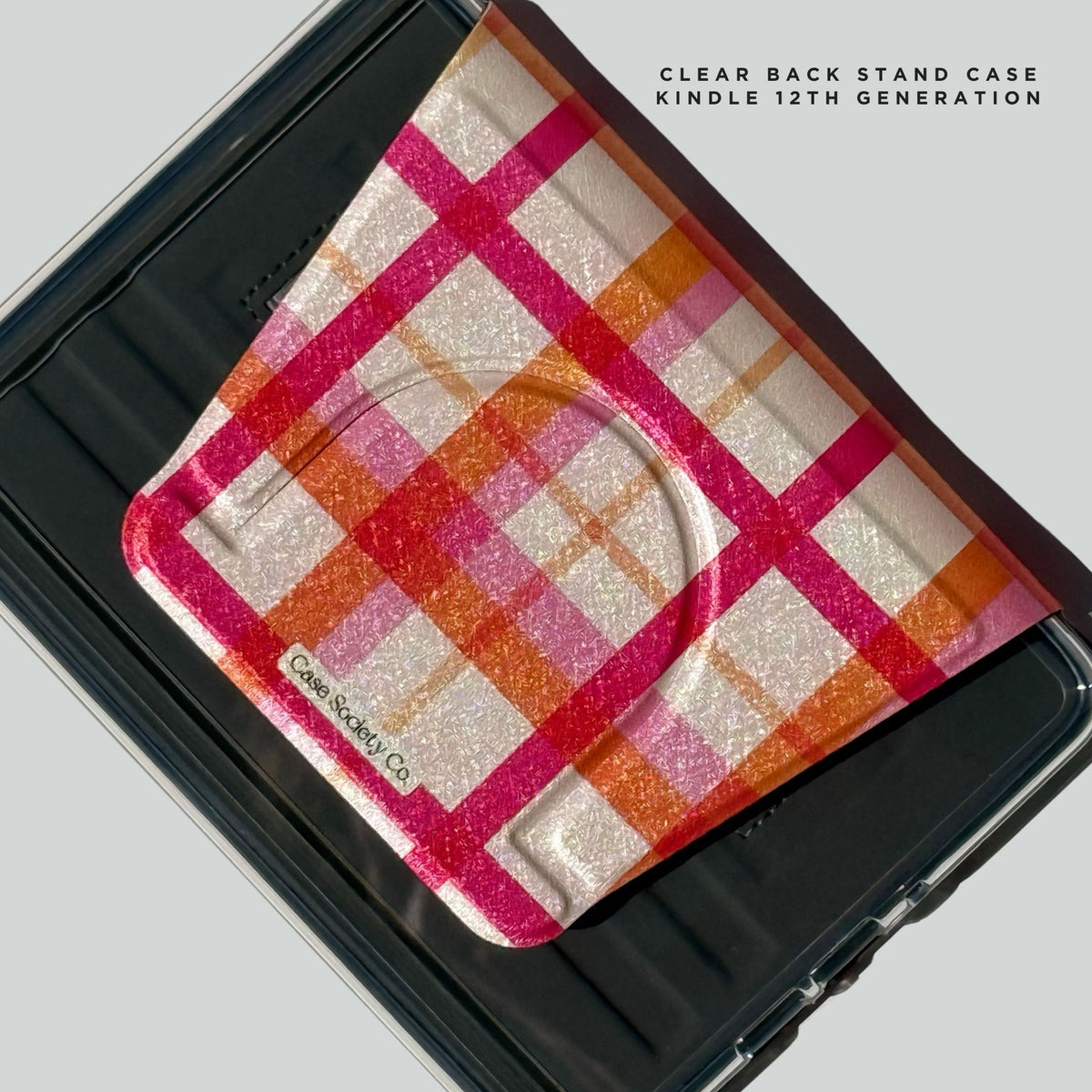 Roseline pink and orange plaid clear back stand case for Kindle 12th generation, shipped from Australia