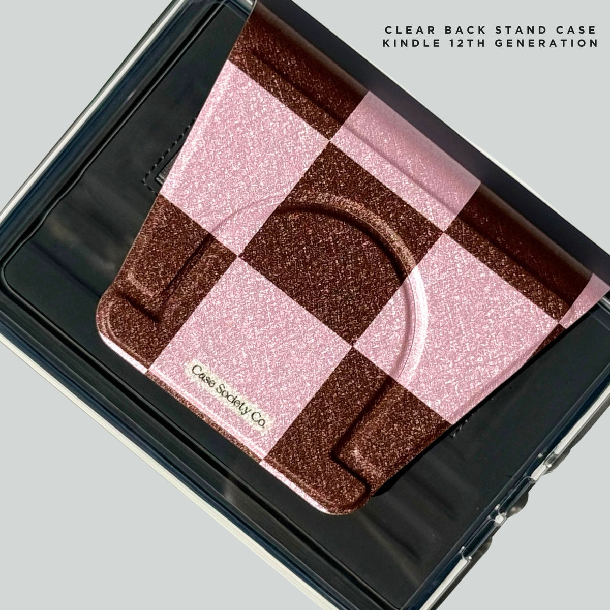 She's Checked In pink and brown checkerboard clear back stand case for Kindle 12th generation