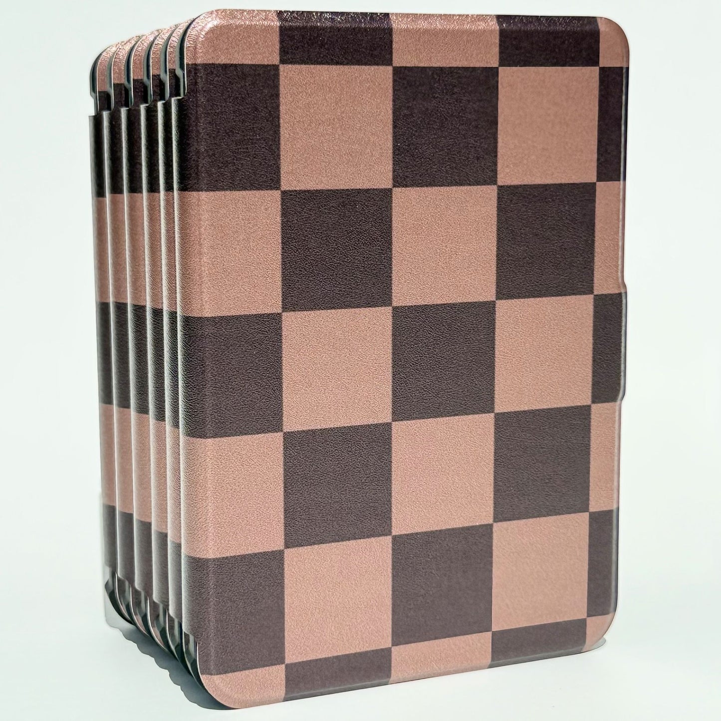 Front view of The Dreamer Kobo Clara case with dark academia checkered design in brown and tan