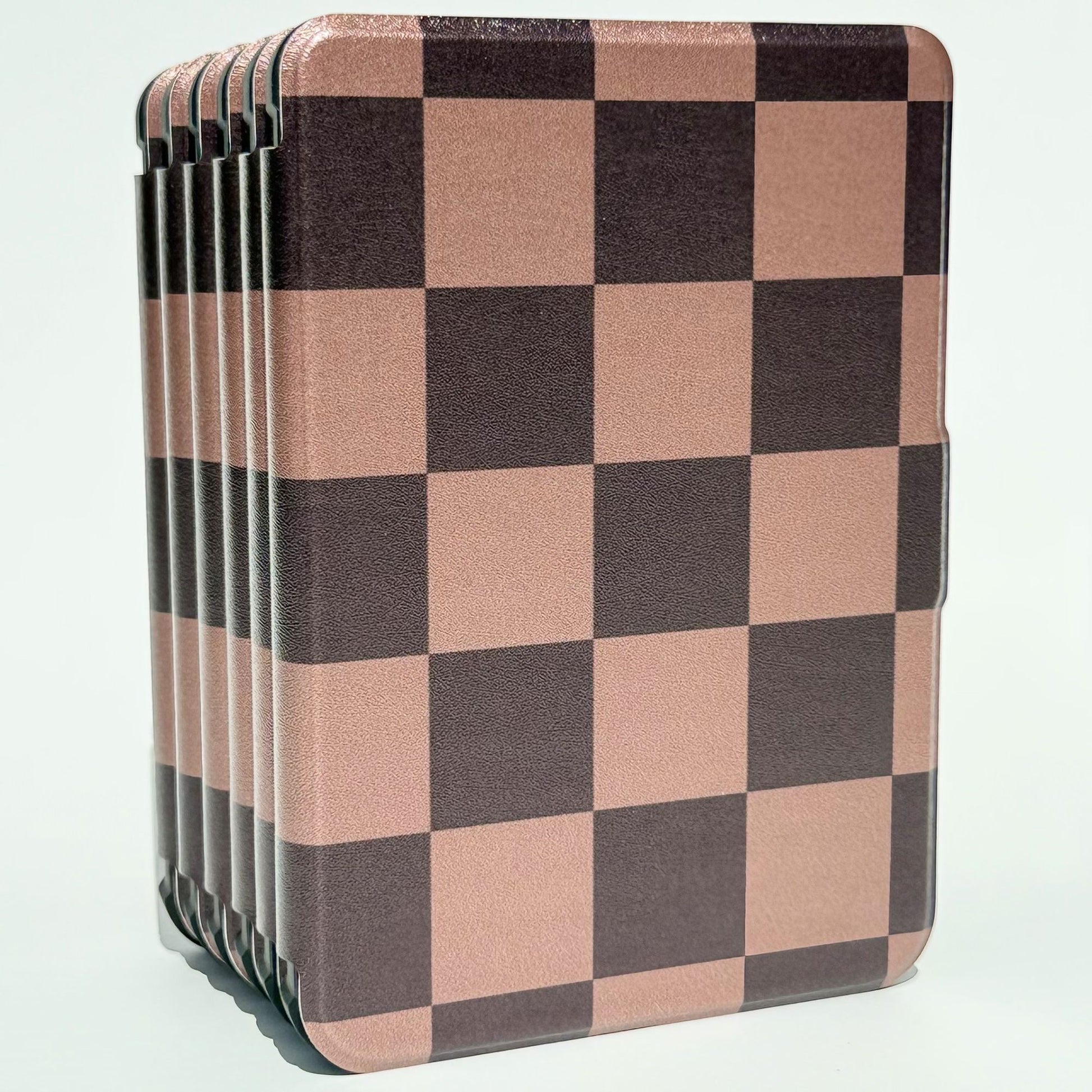 Front view of The Dreamer Kobo Clara case with dark academia checkered design in brown and tan