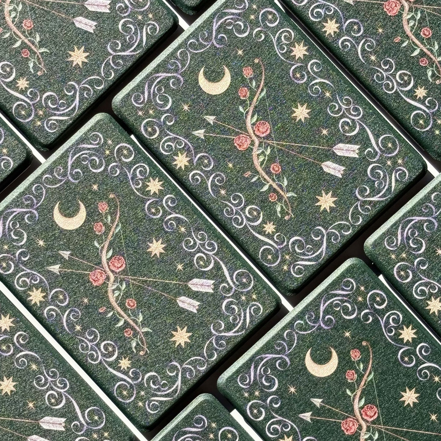 Pattern of The Huntress green romantasy Kindle cases, bow, roses, moon and stars, aesthetic Kindle case Australia