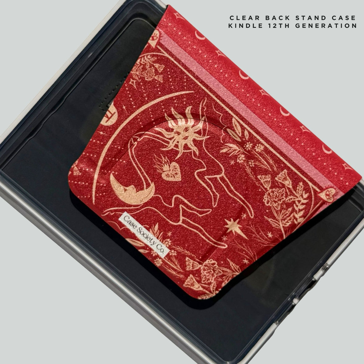 The Lovers tarot clear back stand case for Kindle 12th generation in wine red with gold linework, Case Society Co